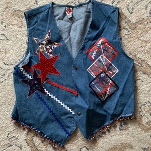 Vintage KG Kevin G Sportswear Denim Embroidered Star Bead Fringe Americana Vest